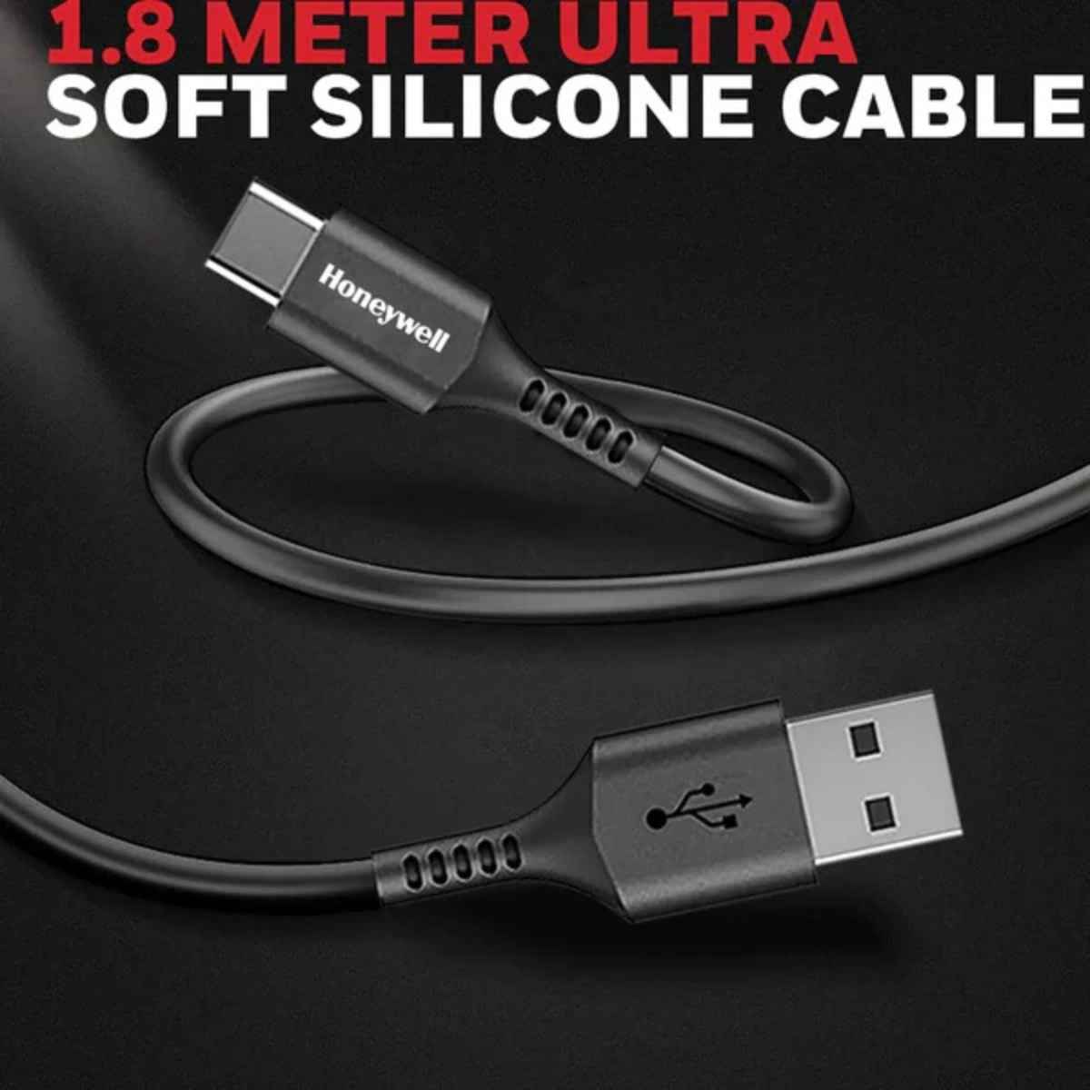 Honeywell Type C USB 2.0 Cable, PD 60W, QC 3.0, 1.8 Mtr, Fast Charge & Ultra Soft Silicone Sync Cable, Black
