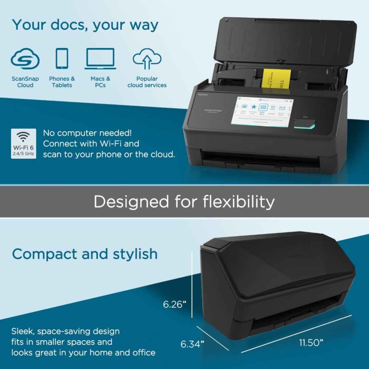 ScanSnap iX2500 Wi-Fi Enabled Touch Screen Document Scanner – Standard Edition (Black), High-Speed Duplex ADF, 600 dpi, Cloud & Mobile Scanning