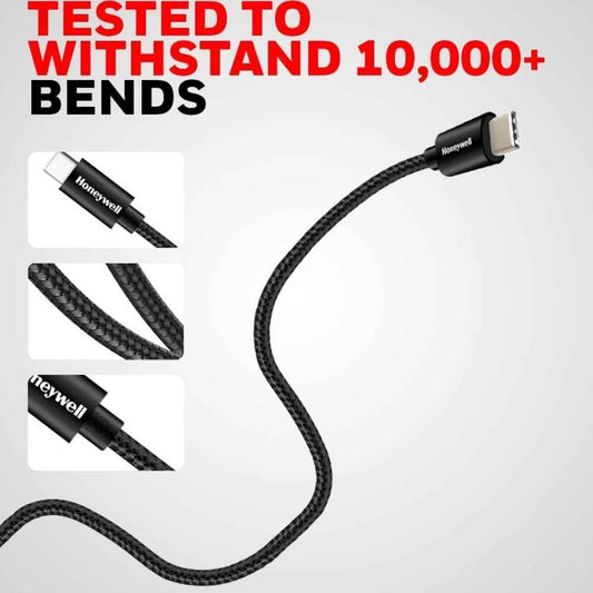 Honeywell Type C USB 3.1 Cable, PD 100W, QC 3.1, 1.2 Mtr, Fast Charge & Braided Sync Cable, Black
