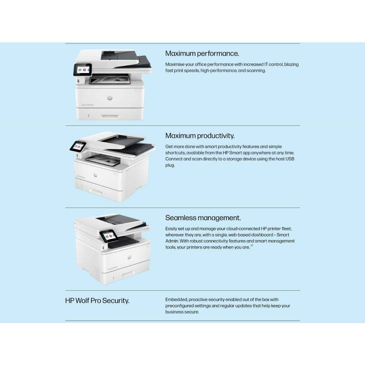 HP LaserJet Pro MFP 4103dw Printer, 2.7" Color Touchscreen Display, Up to 42ppm Print Speed, Up to 40cpm Copy Speed, 50 Sheets ADF Capacity, White | 2Z627A