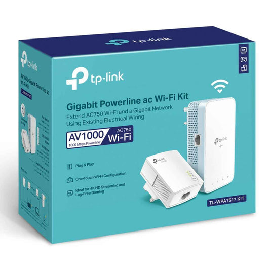 TP-Link AV1000 AC Wi-Fi Kit, Gigabit Ethernet Ports, UK Plug, 300m Range, HomePlug AV2, Plug & Play, White | TL-WPA7517KIT