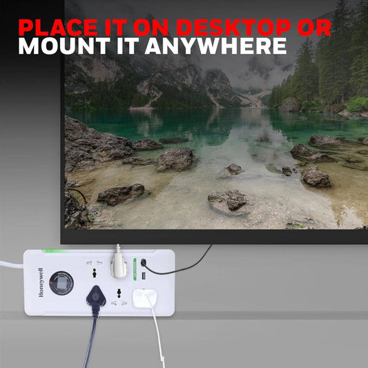 Honeywell Surge Protector - 5 Universal Sockets, 2 USB Ports, 1.5 Meter Cord, White