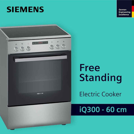 Siemens iQ300 Free-Standing Electric Cooker HK8Q3A150M Ceramic Hob, Stainless Steel, Digital Display, 66L Volume, 60cm Cooker, Ceramic Cooker, 6 Cooking Modes, Red LED Display With Knob Control Interface