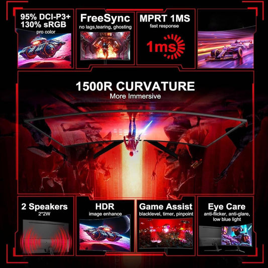 Sansui ES-G27C1 27" Curved Gaming Monitor – 180Hz, 1ms (MPRT), 1500R, Fast VA, FreeSync, HDR (Black)
