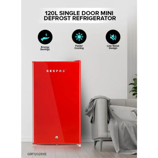 Geepas Single Door Mini Defrost Red Refrigerator GRF1202RXE, Mini Fridge, Retro Design, Low Noise, Low Voltage, Quick Cooling, Easy Cleaning