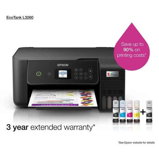 Epson EcoTank L3260 A4 Color 3-in-1 Printer with Wi-Fi Direct & LCD Screen, 1200 DPIx2400 DPI Resolution, 33ppm Print Speed, 200 DPI Scan Speed, 100 Sheets Paper Tray, Black | C11CJ66414