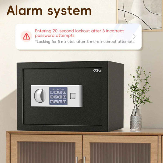Deli T522 Fireproof Safe, Digital Safe Box with Key T521 Full Metal Body 5.9kg (25x35x25cm) Black