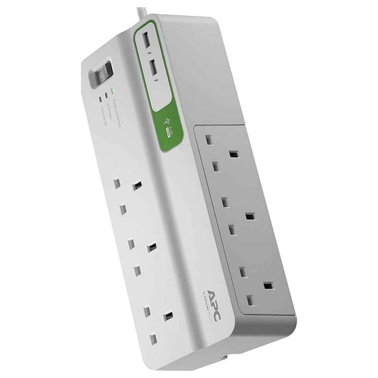 APC Essential SurgeArrest 6-Outlet Power Strip with Dual USB Charger | 230V UK Plug | 2 Meter Cable | 2 x USB Ports (5V, 2.4A) | Black | PM6U-UK