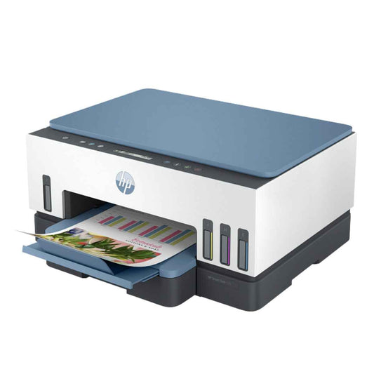 HP Smart Tank 725 All-in-One Printer – Print, Copy, Scan, Wireless & Bluetooth, Up to 15 ppm, 1200 dpi, 250-Sheet Input, WiFi + Bluetooth, White/Blue | 28B51A