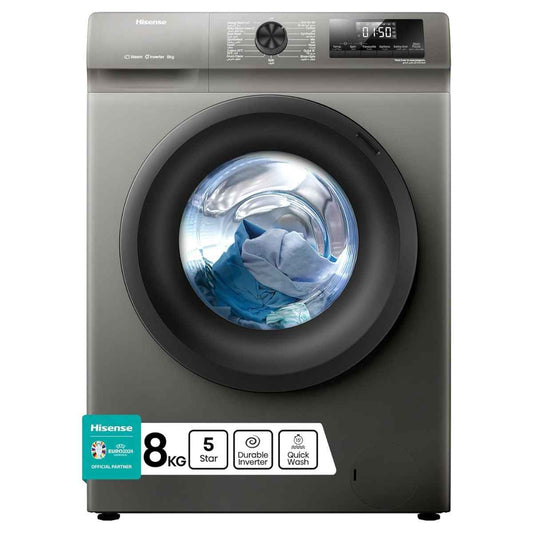 Hisense WFQP8012JTS Front Load Washing Machine, 8kg Capacity, Inverter Motor, 15 Wash Programs, 1200 RPM Spin Speed, Steam Care, White