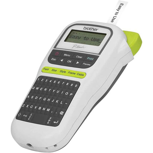 Brother PT-H110 Handheld Label Printer with Graphical Display, Up to 120mm TZe Tape, 20mm / sec Print Speed, ENG, ARB, Farsi QWERTY K/B, 3 Fonts & 250 Symbols, One-Touch Keys, Black-White | PTH110
