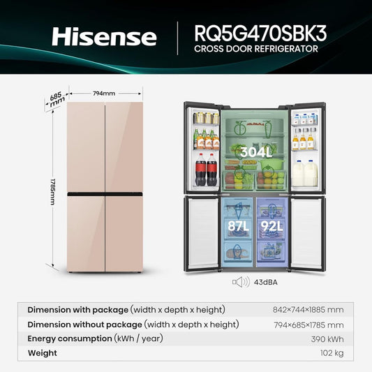 Hisense RQ5G470SBK3 Cross Door Refrigerator | 457 Litres | My Fresh Choice | Dual-Tech Cooling | Bottom Cooling System | Khaki Glass