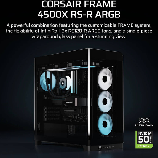 Corsair FRAME 4500X RS-R ARGB Panoramic Glass Mid-Tower PC Case, 3x RS-R ARGB Fans, 360mm Radiator Support, USB-C, Black | CC-9011314-WW