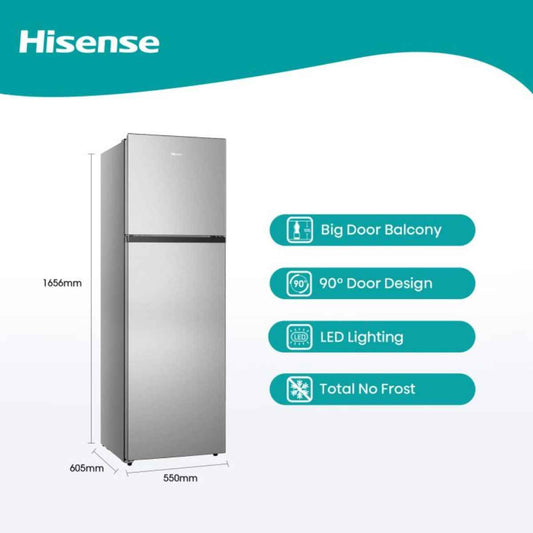 Hisense RT3N328NAB Top Mount Refrigerator, 250L Capacity, Total No Frost, Multi Air Flow, Moisture Fresh Crisper, Reversible Door, Stainless Steel