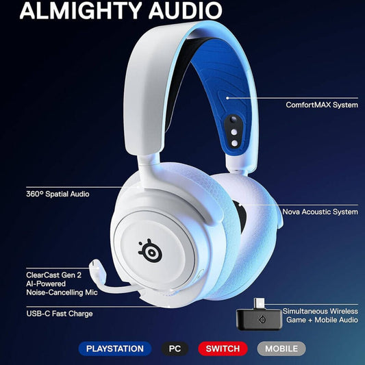 SteelSeries Arctis Nova 7P Wireless Multi-System Gaming & Mobile Headset, Nova Acoustic System, 2.4GHz & Simultaneous Bluetooth, 38Hr Battery, ClearCast Gen2 Mic, PlayStation, PC, White | 61561