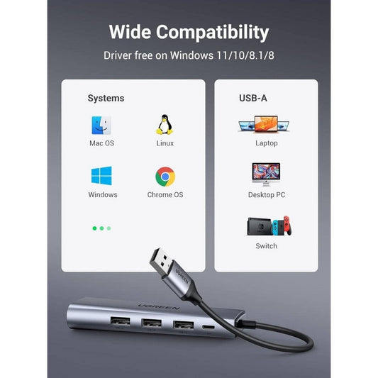 UGREEN 60812 5-in-1 USB 3.0 Hub | 3x USB-A 3.0 + Micro USB + Gigabit Ethernet | 5Gbps | 20cm Cable | Gray