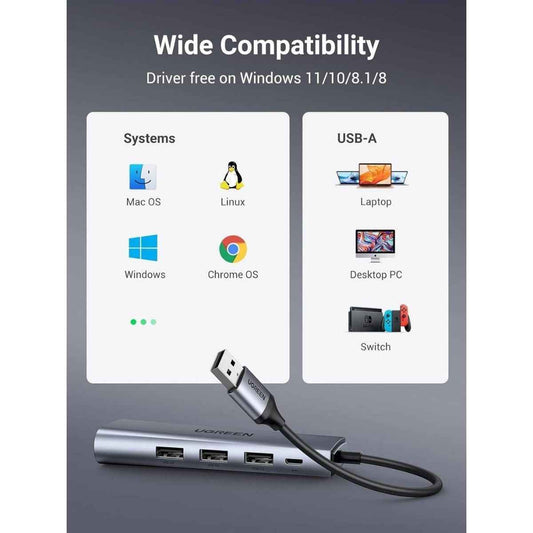UGREEN 60812 5-in-1 USB 3.0 Hub | 3x USB-A 3.0 + Micro USB + Gigabit Ethernet | 5Gbps | 20cm Cable | Gray