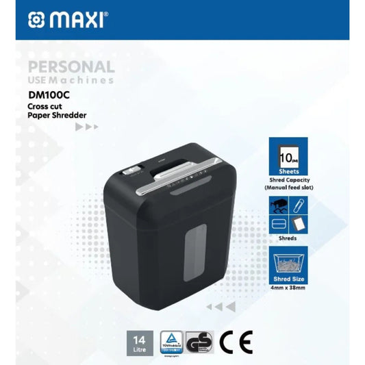 Maxi Cross Cut Shredder MX-DM100C – High Security Cross-Cut, 10-Sheet Capacity, 14L Bin, Compact Office & Home Use, Black