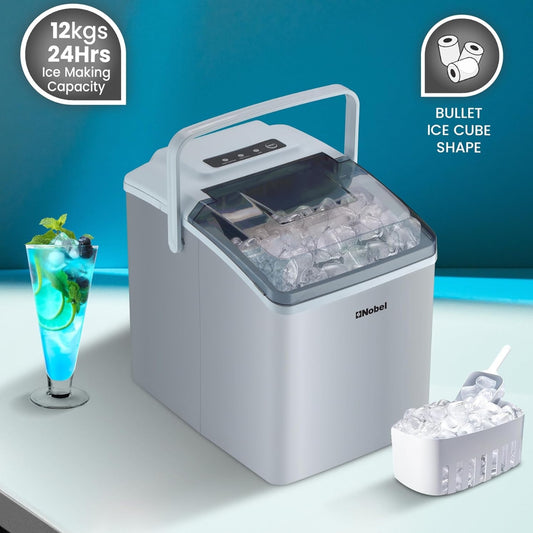 Nobel Ice Cube Maker 10-12kgs/24 Hrs Ice Making Capacity with 9pcs Ice in 8 Minutes Per Cycle|1.3 L Water Container Capacity with LED Indicator 150 W NIM13S Silver