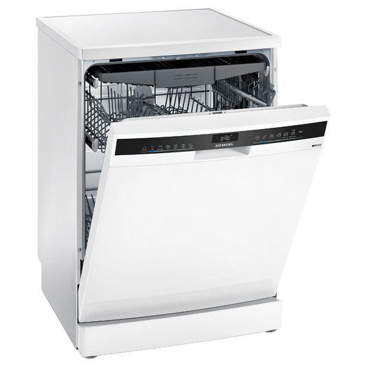 Siemens iQ300 60cm Free-Standing Dishwasher – 13 Place Settings, Heat Exchanger Drying, White (SN23HW26MM)