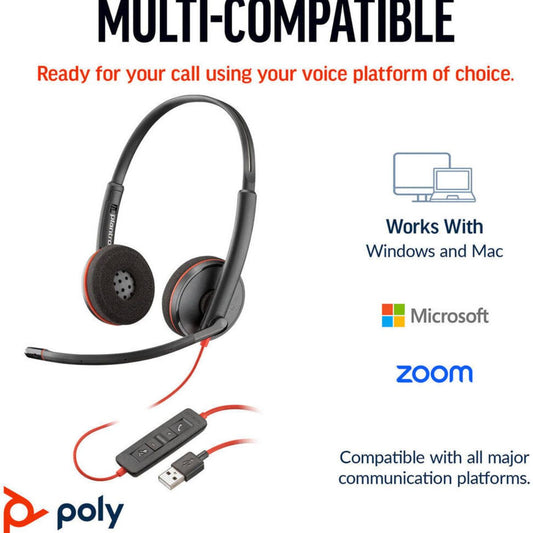 HP Poly Blackwire 3220 USB-C Headset with USB-C to USB-A Adapter, Noise-Canceling Microphone, Inline Call Controls, Hearing Protection, USB-C Connectivity, Black