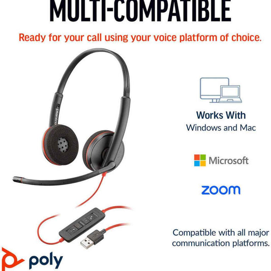 HP Poly Blackwire 3220 USB-C Headset with USB-C to USB-A Adapter, Noise-Canceling Microphone, Inline Call Controls, Hearing Protection, USB-C Connectivity, Black