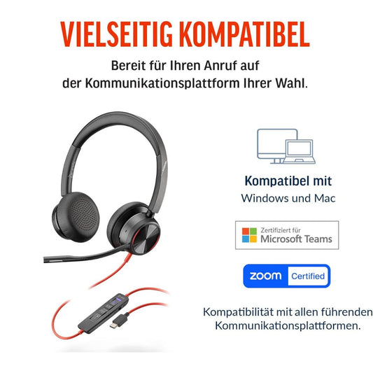 HP Poly Blackwire 8225 Stereo USB-C Headset +USB-C/A Adapter, Active Noise Cancelling and Flexible Microphone Arm, Black, Wired