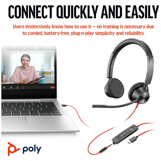 Poly Blackwire 3325 Stereo USB-C Headset, USB-C & 3.5mm Connectivity, USB-C to USB-A Adapter, Noise-Canceling Microphone, Stereo Audio, Black | 8X221AA