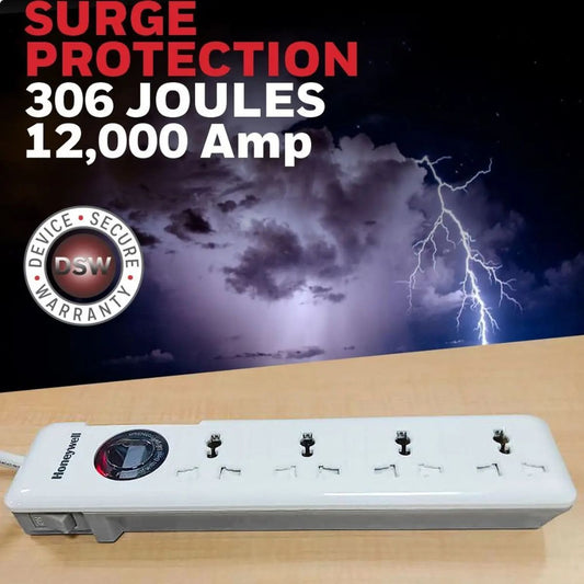 Honeywell Surge Protector - 4 Universal Sockets, 1.5 Meter Cord, White