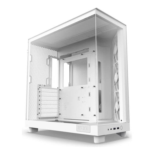 NZXT H6 Flow CC-H61FW-01 Compact Dual-Chamber Airflow Mid-Tower ATX White Case, Panoramic Glass Panels, Up to 360 mm Radiator & 3x 120mm F120Q Fans, Cable Management, USB-C 3.2 / USB-A 3.2