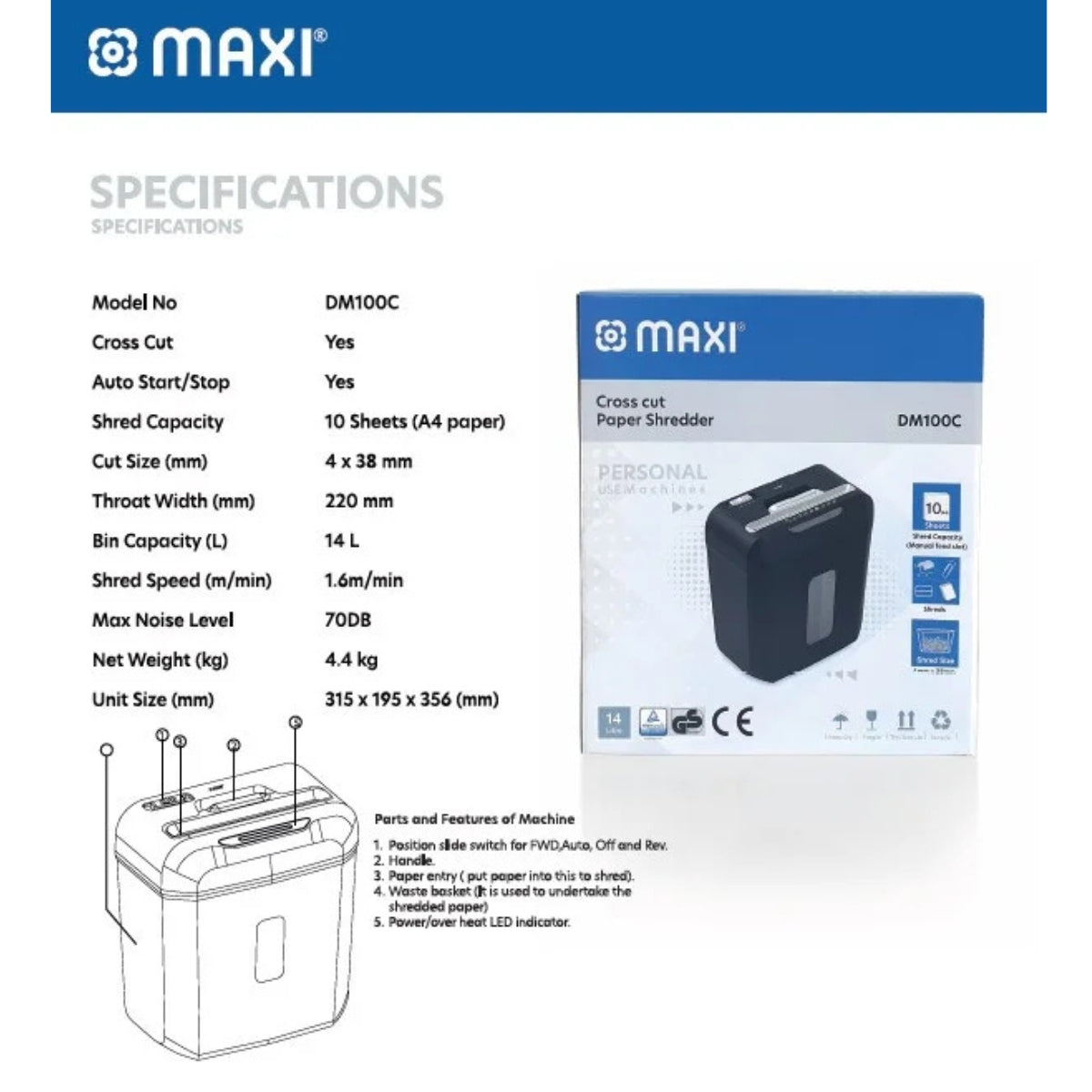 Maxi Cross Cut Shredder MX-DM100C – High Security Cross-Cut, 10-Sheet Capacity, 14L Bin, Compact Office & Home Use, Black
