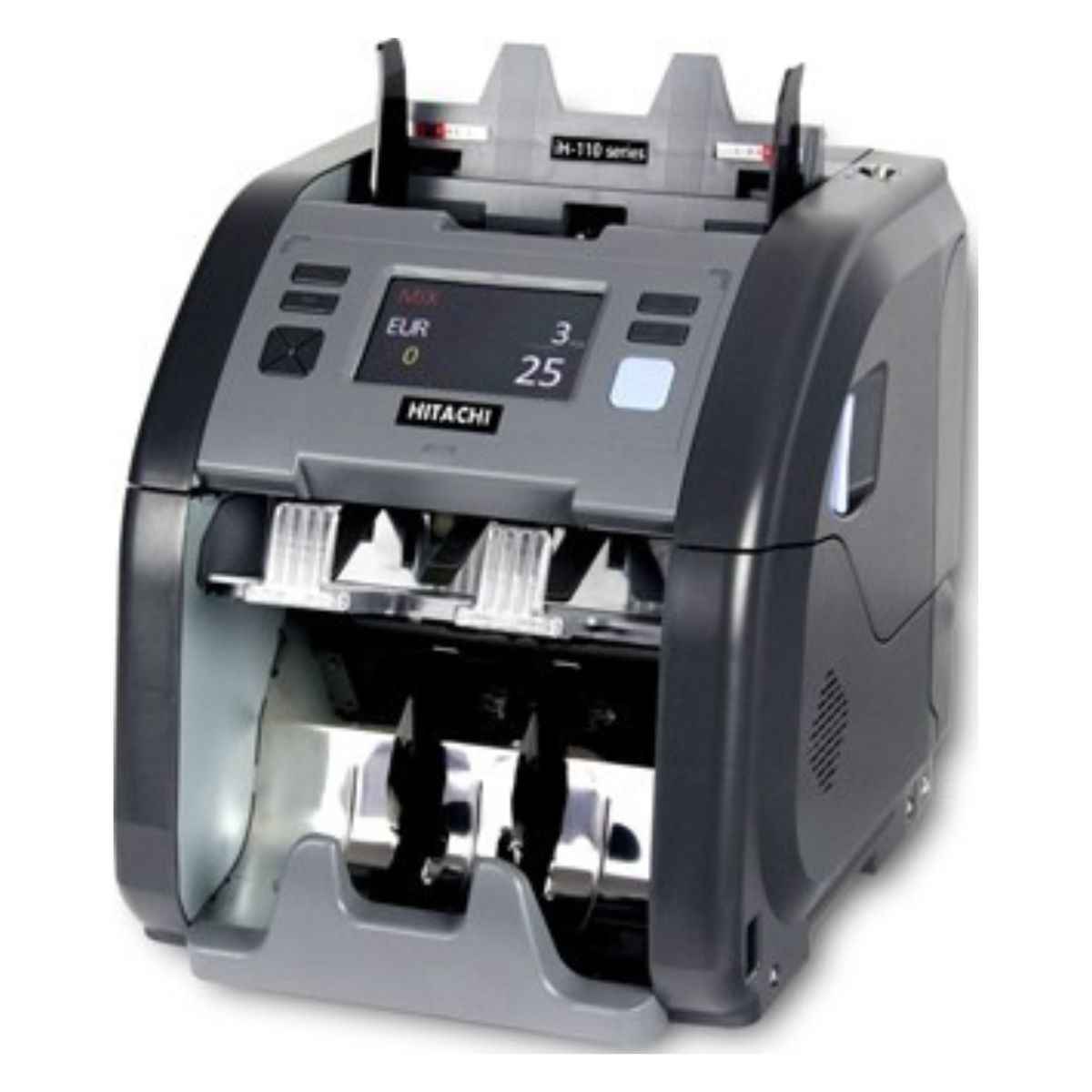 Hitachi IH-110 Cash Counting & Sorting Machine With Counterfeit Detection Technologies, 4.3" Full Color Touch Screen, Dual Pocket, Dual CIS, Fitness Sorter With 25 Currencies, Gray | IH-110