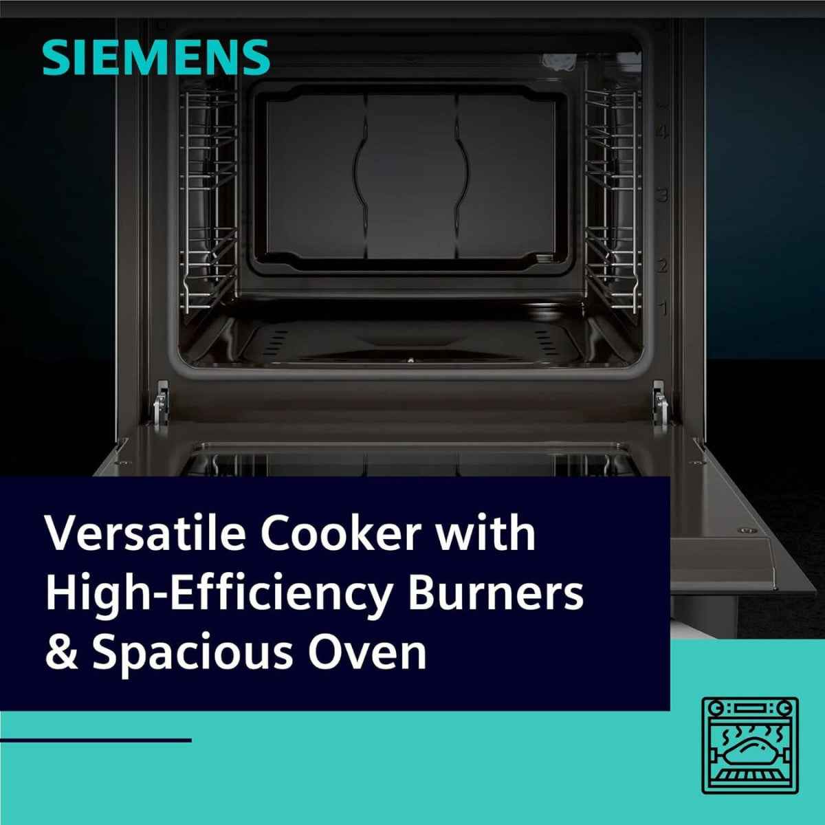 Siemens iQ300 Free-Standing Gas Cooker HG2L10B51M, 2 Standard, 1 Economy, 1 Rapid Burners, Glass Cover Lid, Knob Control Interface, Stainless Steel