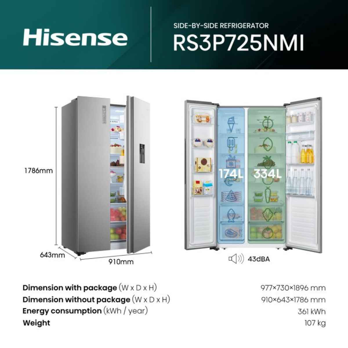 Hisense RS3P725NMI Side By Side Refrigerator | Gross 725L | Total No Frost | Inverter Compressor | Water Dispenser | Inox