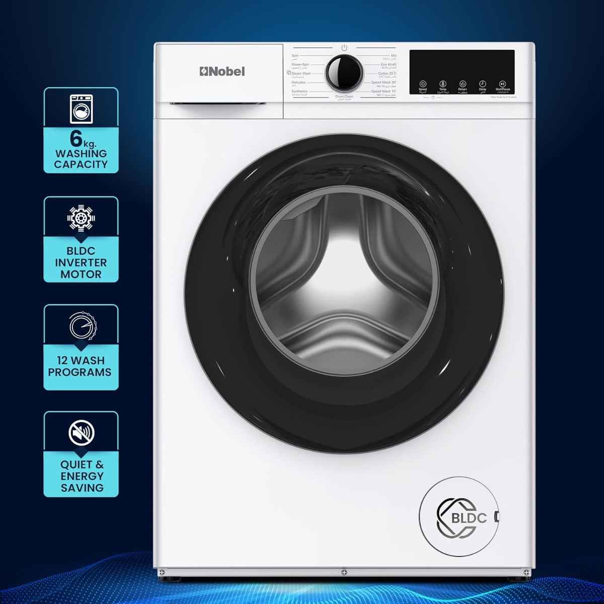 Nobel NWM770 6kg Inverter Washing Machine Silver Color— BLDC Motor, 1200 rpm, 12 Programs, Intelligent Washing