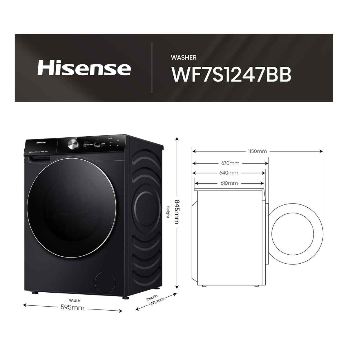 Hisense WF7S1247BB 12 kg Smart Front-Load Washing Machine – 1,400 rpm, Black Finish