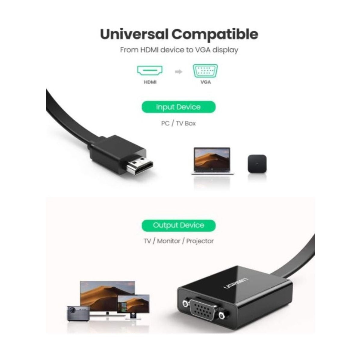 UGREEN 40248 Active HDMI to VGA Adapter | 1080P | 3.5mm Audio Jack | PC, Laptop & Projector | Black