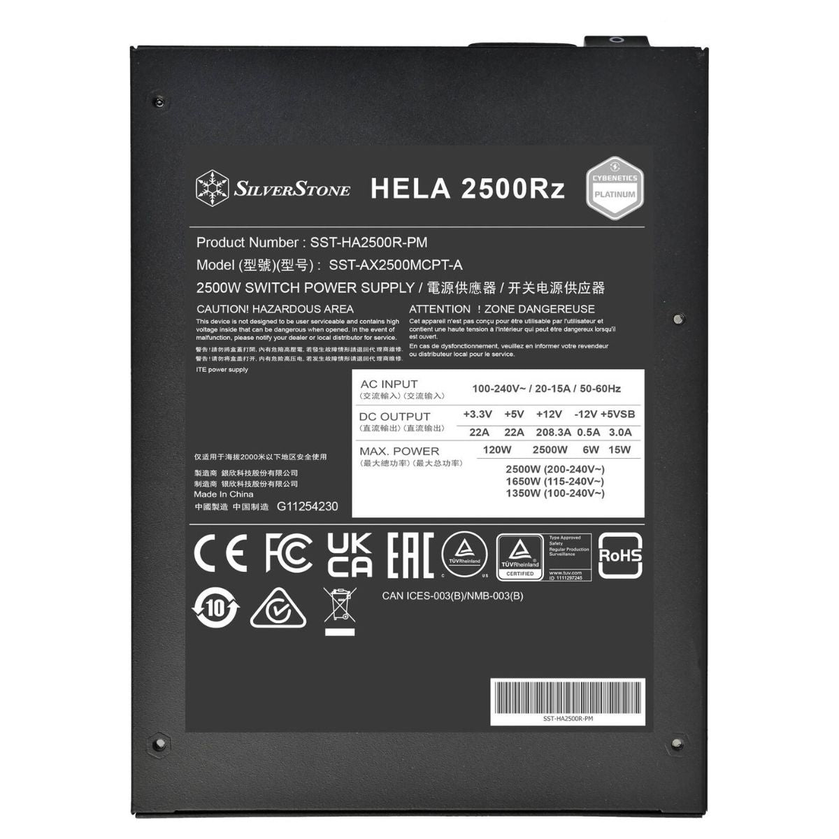 Silverstone HELA 2500Rz Cybenetics Platinum 2500W ATX 3.1 & PCIe 5 Fully Modular ATX Power Supply, 135mm Dual Ball Bearing Fan Cooling System, Active PFC, Black