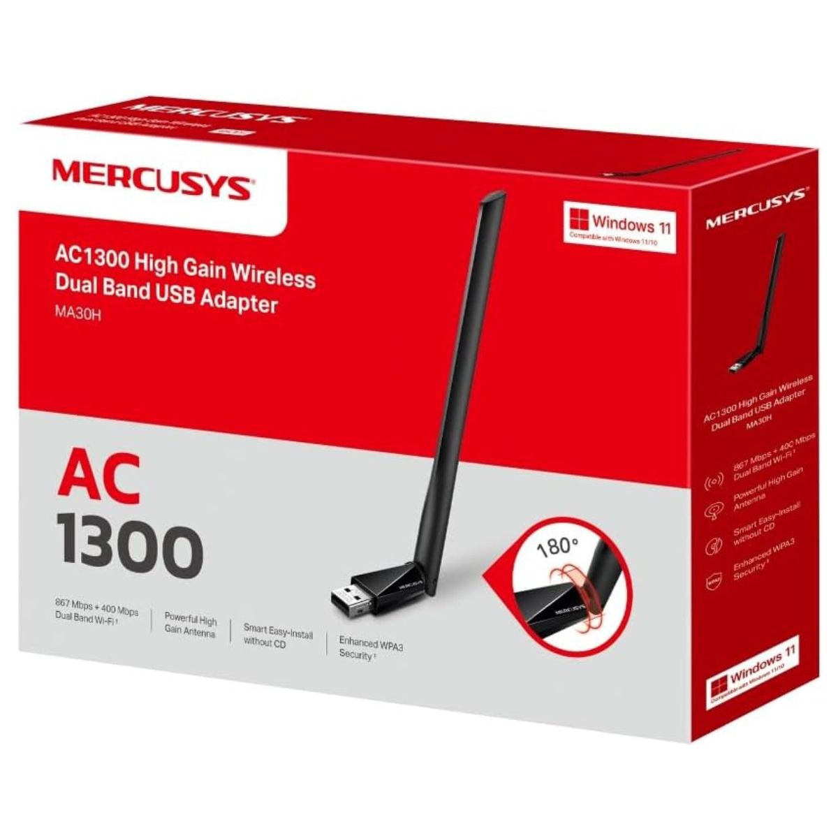 MERCUSYS MA30H AC1300 Dual-Band USB Wi-Fi Adapter | 867 Mbps 5 GHz + 400 Mbps 2.4 GHz | 5 dBi High-Gain Antenna | WPA3 | Black