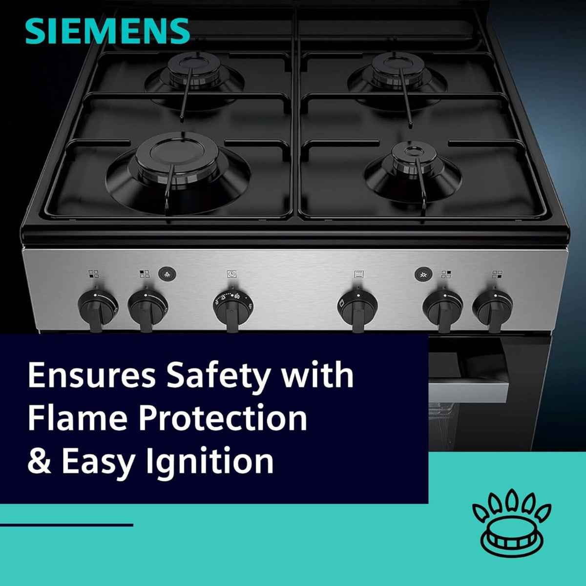 Siemens iQ300 Free-Standing Gas Cooker HG2L10B51M, 2 Standard, 1 Economy, 1 Rapid Burners, Glass Cover Lid, Knob Control Interface, Stainless Steel