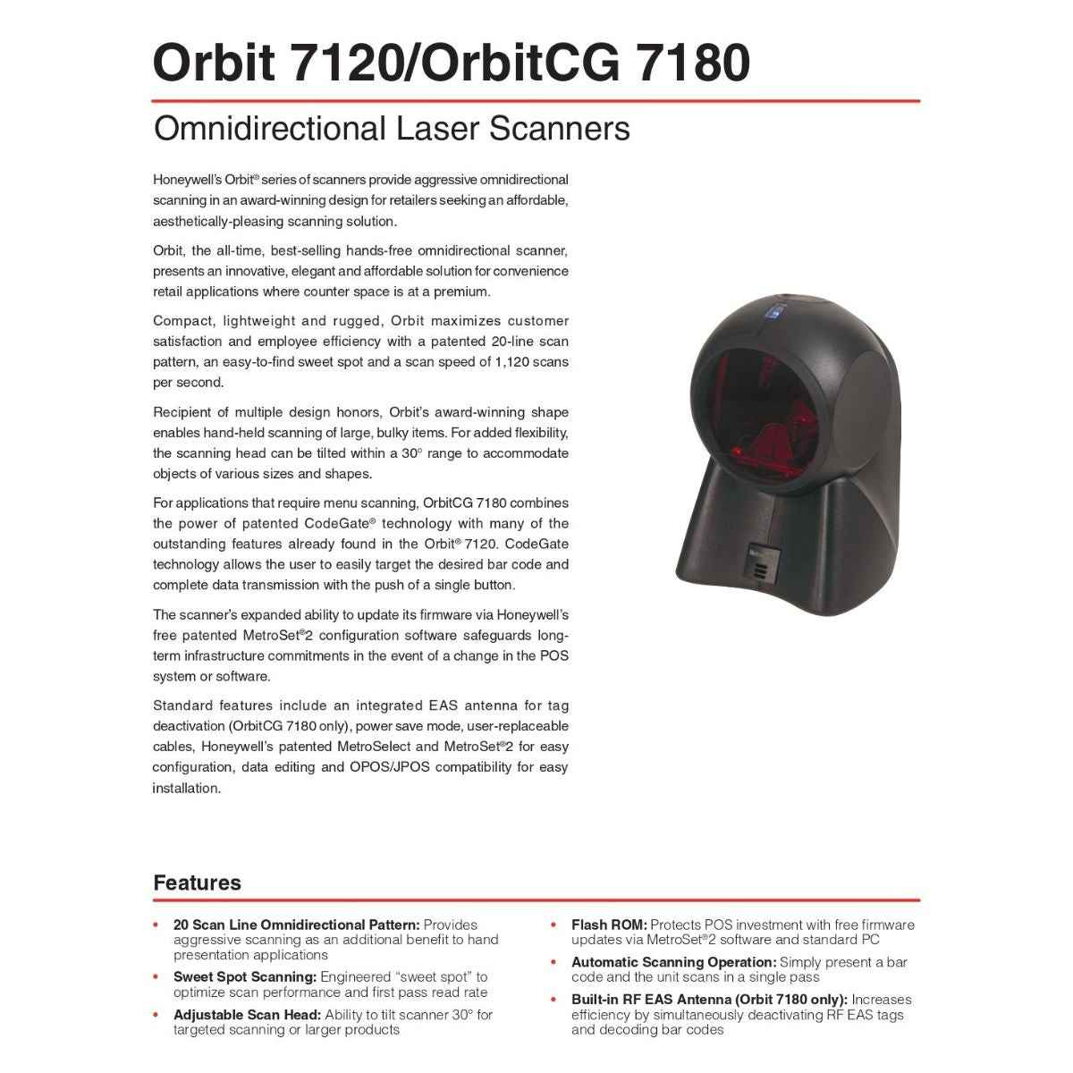 Honeywell MK7120 Laser Barcode Scanner, 4842 Lux Light Level, Reads Standard 1D & GS1 DataBar Symbologies, 20 Scan Line Omnidirectional Pattern, Black | MK7120