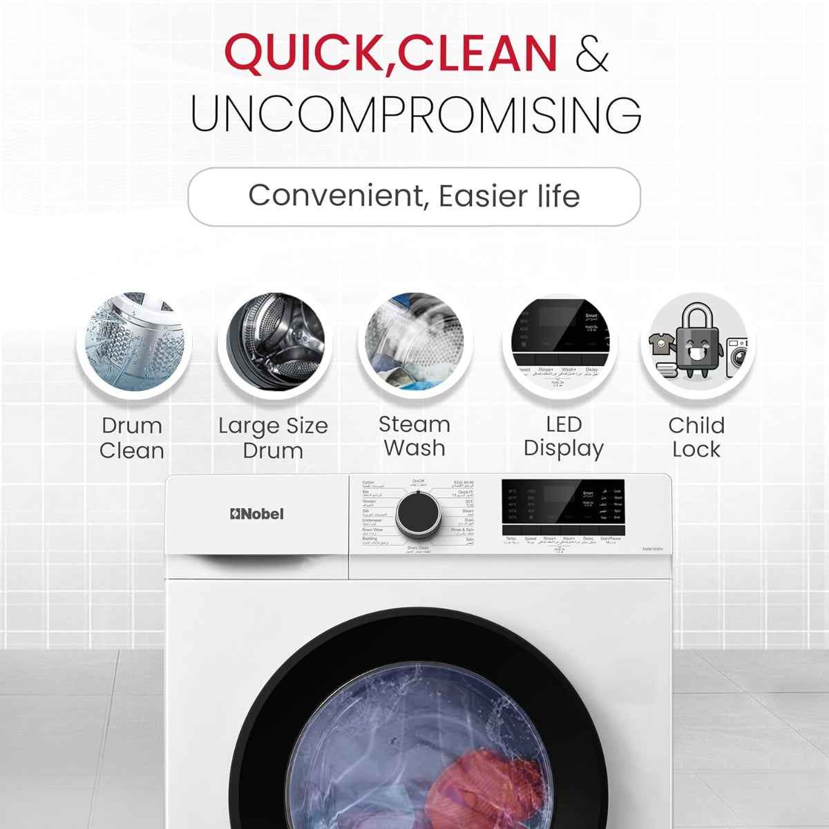 Nobel NWM760RH 6kg Front Load Washer White Color, 1000RPM, 15 Programs