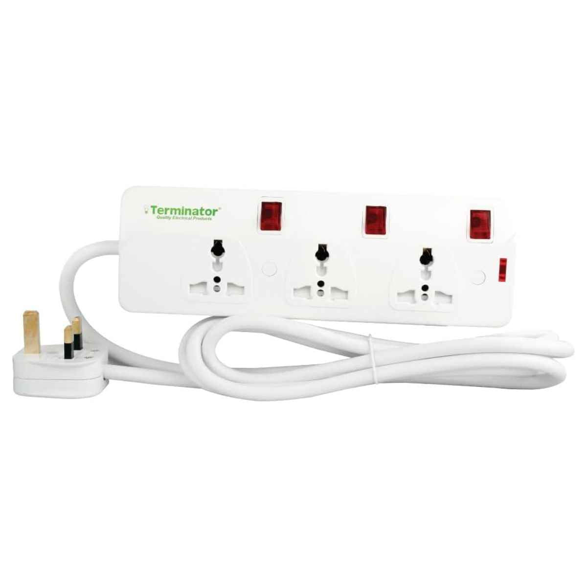 Terminator TPB 823-2M 3-Way Universal Power Extension Socket | Individual Switches & Indicators | 2-Meter Cable