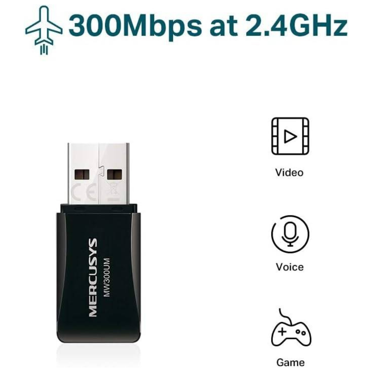 MERCUSYS MW300UM N300 Wi-Fi 4 Mini USB Adapter | 300 Mbps 2.4 GHz | USB 2.0 | Soft AP Mode | Internal Antenna | White