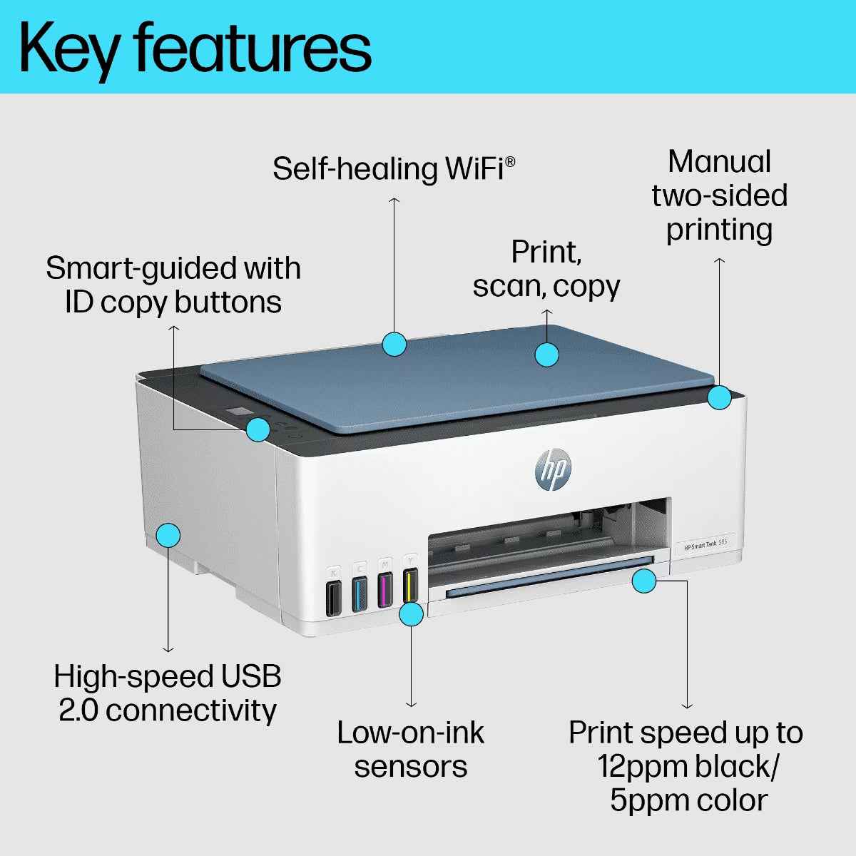 HP Smart Tank 585 Printer Wireless, Print, Scan, Copy, All In One Printer, Up to 3 years of printing already included - Dark Surf Blue -1F3Y4A