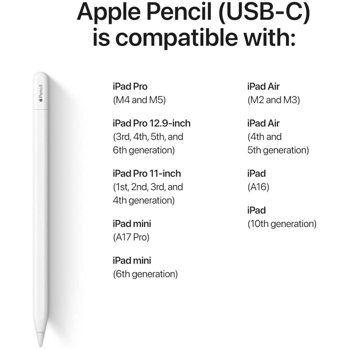 Apple Pencil (USB-C) | Pixel-Perfect Precision | Tilt Sensitivity | Magnetic Attachment | Bluetooth Connectivity | White | MUWA3ZE/A