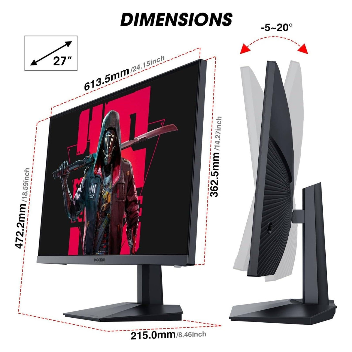 KOORUI GN06 Gaming Monitor – 27" FHD IPS Display, 165Hz Refresh Rate, 1ms (GtG) Response Time, Crosshair Function, FreeSync & G-Sync Compatible