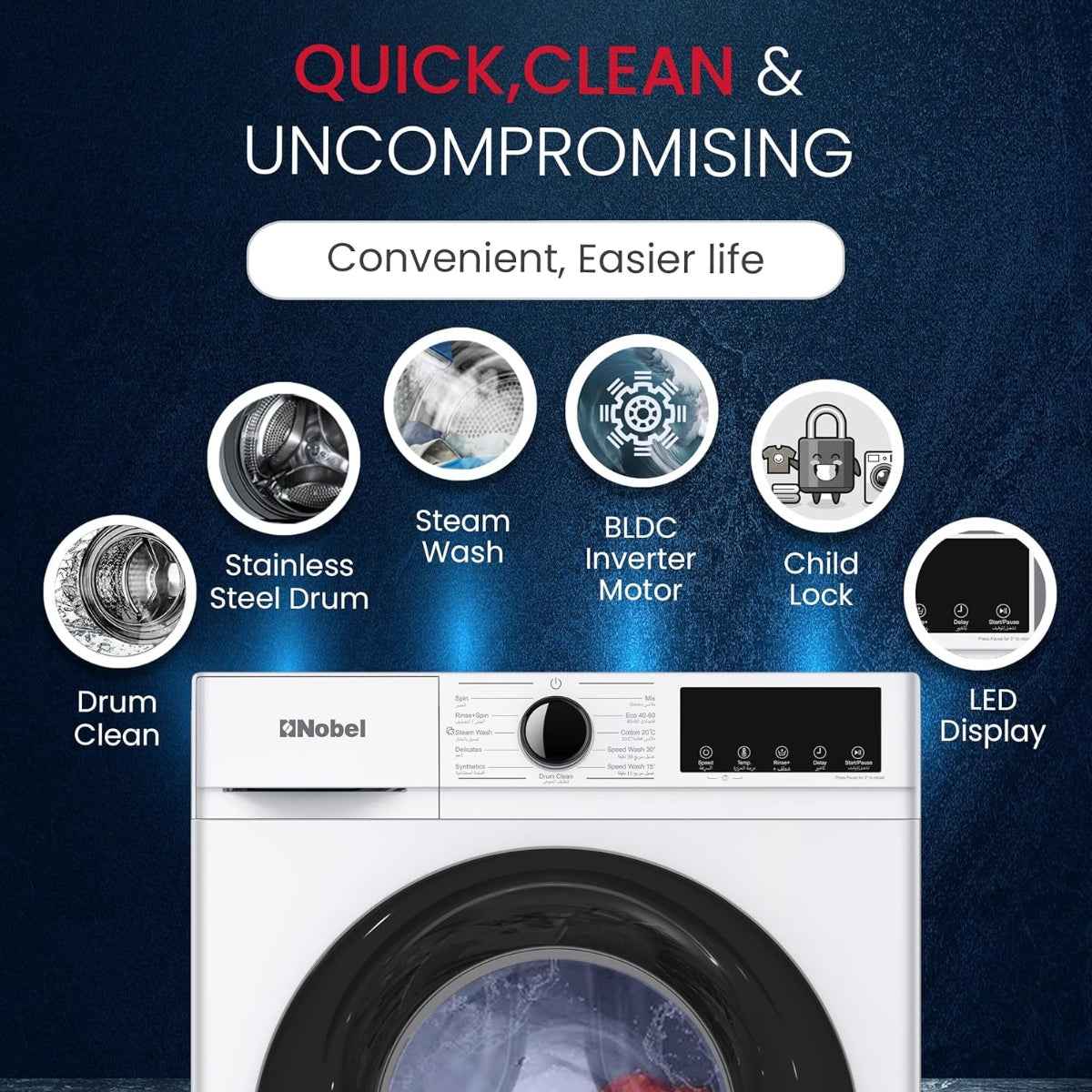 Nobel NWM770 6kg Inverter Washing Machine Silver Color— BLDC Motor, 1200 rpm, 12 Programs, Intelligent Washing