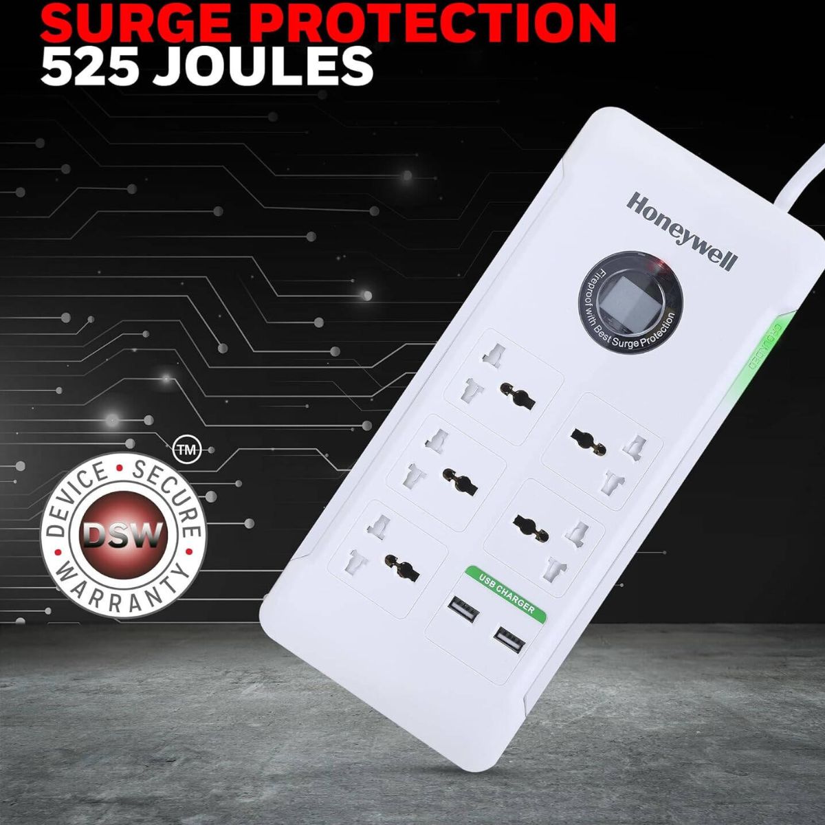 Honeywell Surge Protector - 5 Universal Sockets, 2 USB Ports, 1.5 Meter Cord, White