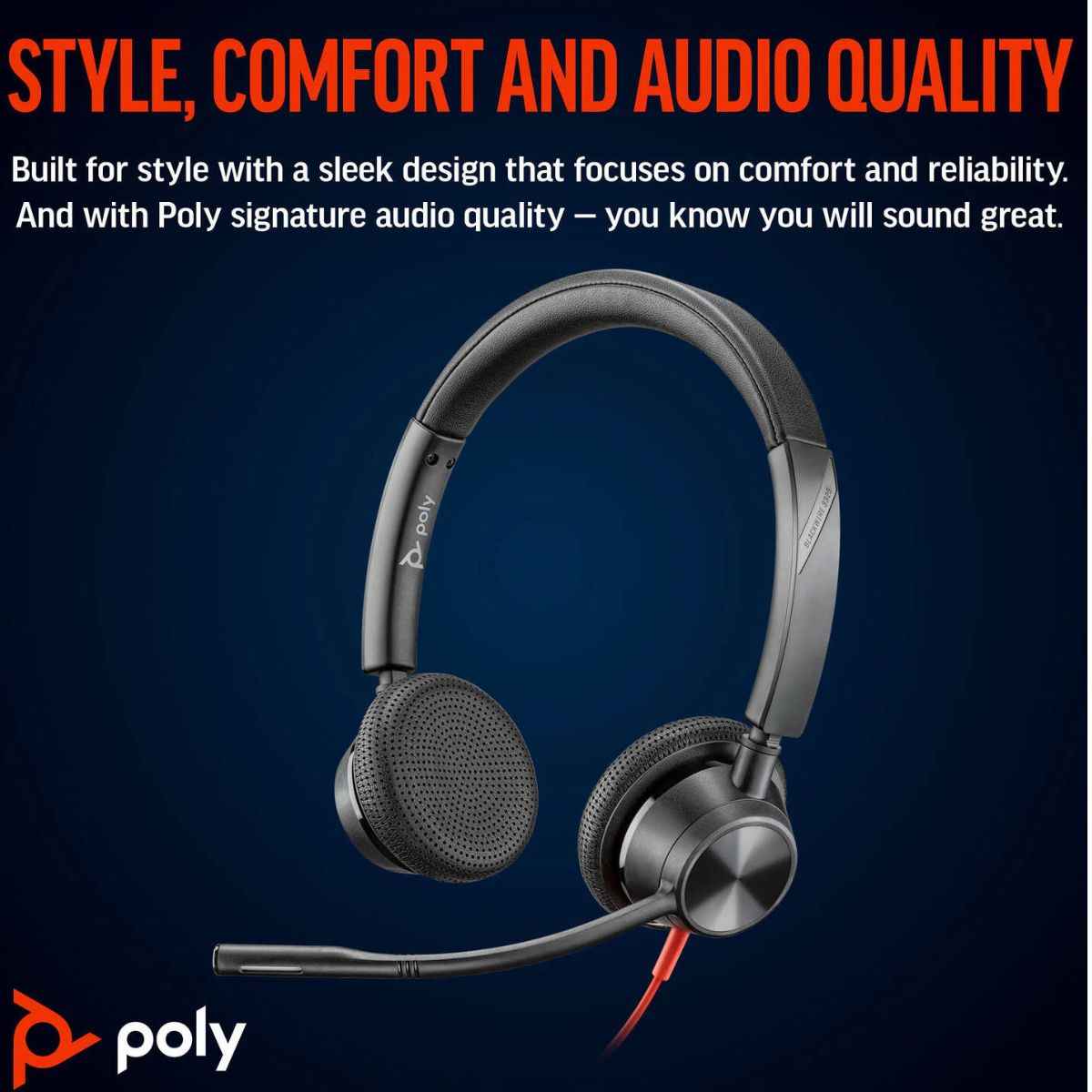 Poly Blackwire 3325 Stereo USB-C Headset, USB-C & 3.5mm Connectivity, USB-C to USB-A Adapter, Noise-Canceling Microphone, Stereo Audio, Black | 8X221AA